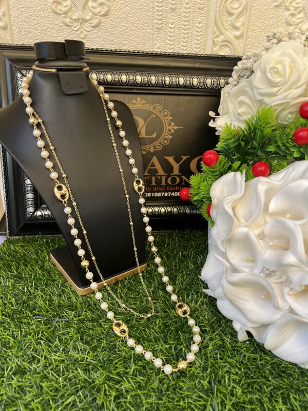Gold and pearl long layered necklace