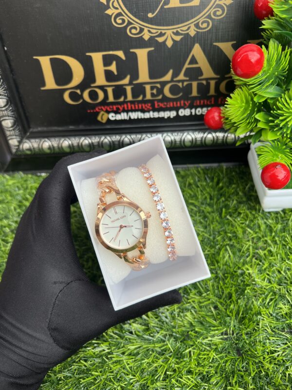 Rose gold wristwatch and tennis bracelet set